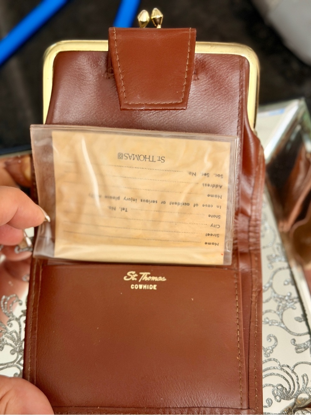 Vintage 70s NEW St Thomas Brown Patchwork Cowhide Leather Wallet | Kiss Lock - Picture 6 of 11